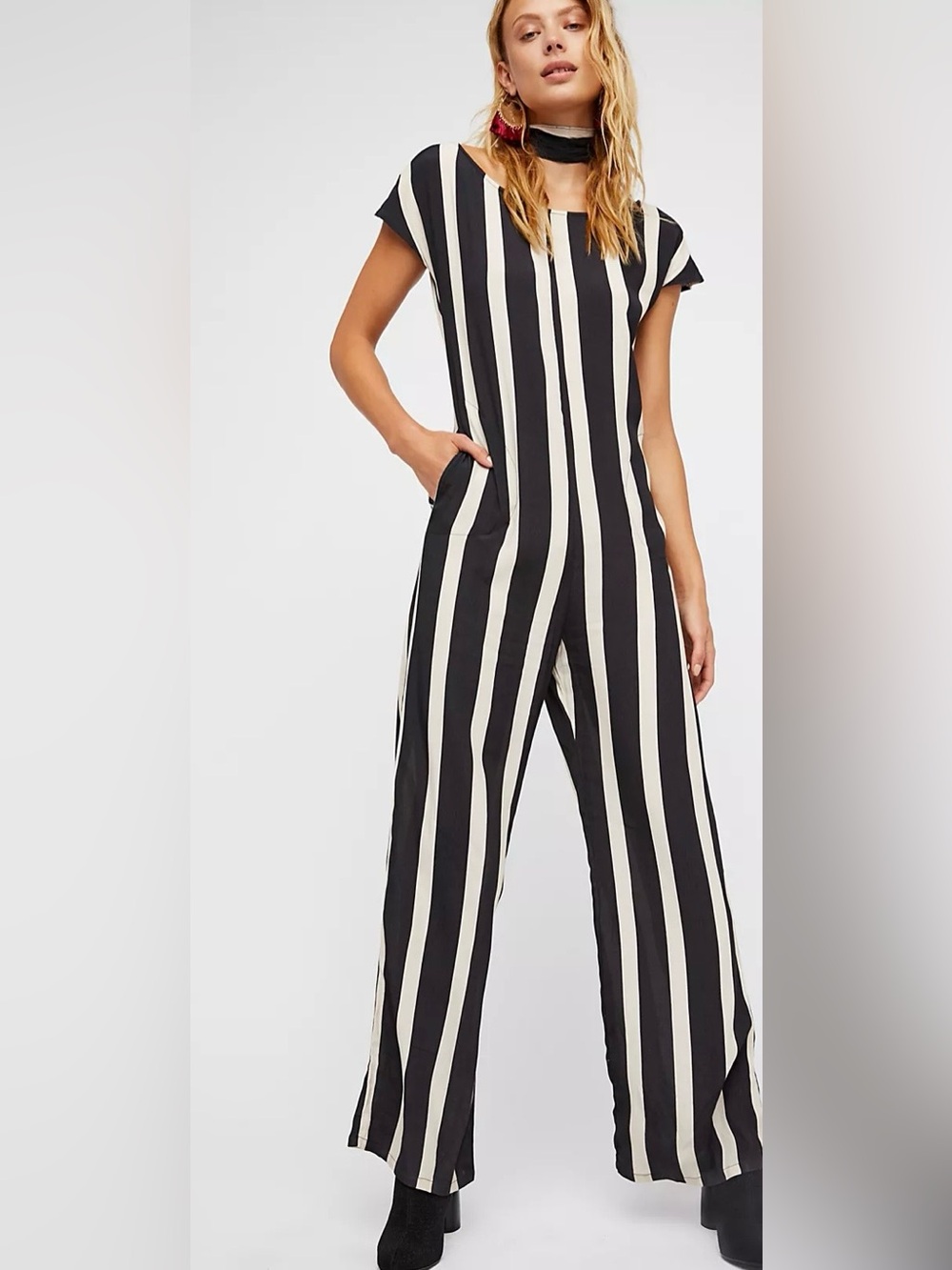 Flynn Skye x Free People Cap Sleeve Downtown Crepe Jumper in Black & Off White